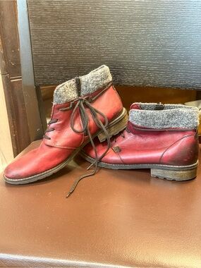 Remonte Burgundy Leather Ankle Boots Gray Felt Collar Lace Zip EU 41 US 10